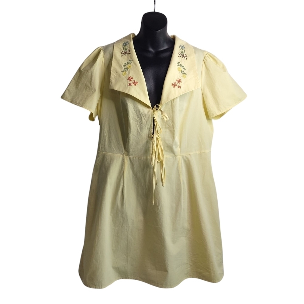 Cider Dress Women Lemon Embroidered Shortsleeve Tie Front Knee Length OXL NWT - Picture 4 of 12